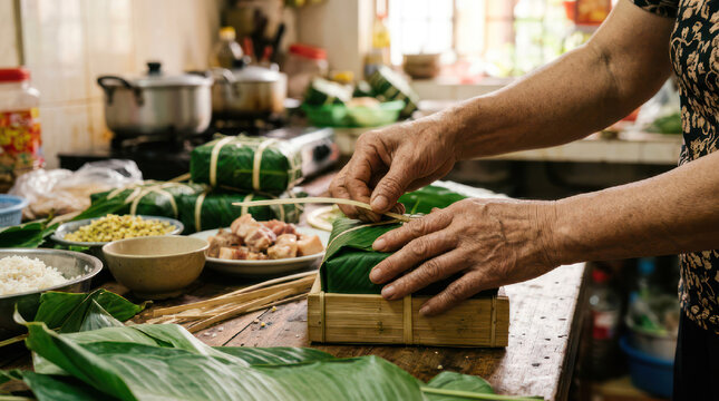 Hands preparing traditional food wrapped in leaves for cooking.
