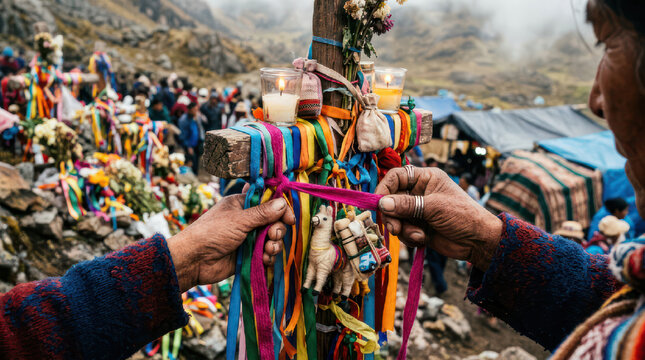 Hands tying colorful ribbons to a cross during a religious ceremony.