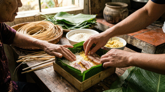 People preparing food with fresh ingredients and banana leaves.