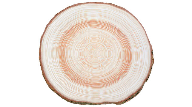 Cross section of tree trunk showing growth rings isolated on transparent background for png file usage