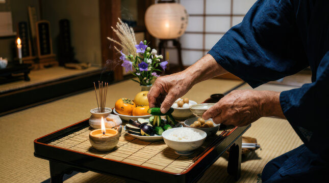 Person arranging food offerings on a tray for a Japanese ritual.