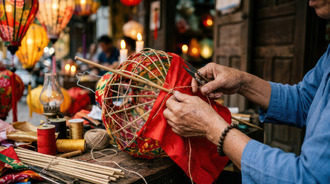 Artisan crafting a traditional lantern with hands and materials.