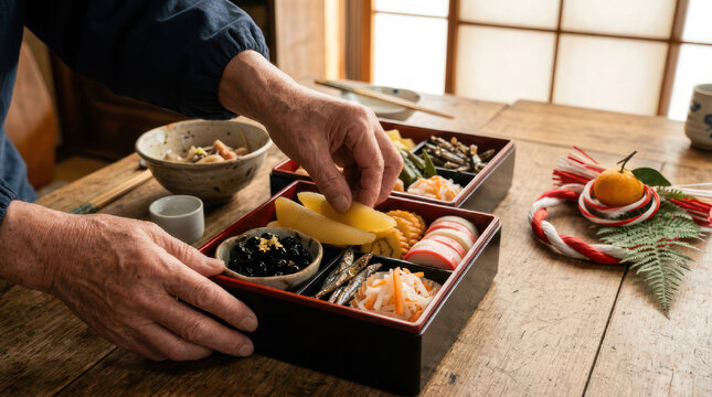 Person arranging traditional Japanese New Year food in a bento box.
