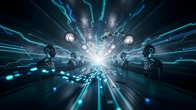 Infinite futuristic workflow tunnel built from luminous digital circuits and AI processing nodes, seamless automation pipeline, cloud integration, robotic intelligence, cinematic perspective