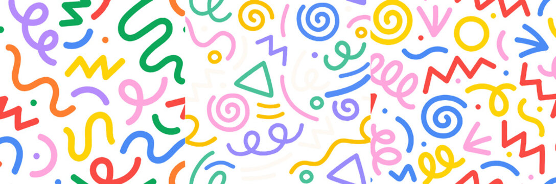 Set of Colorful Hand Drawn Doodle Seamless Patterns with Fun Minimalist Shapes, Creative Childish Scribble Background Collection