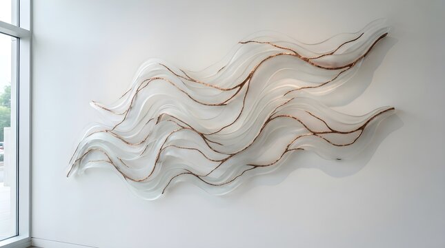 Abstract glass wave sculpture hanging on white wall in modern room for home decor