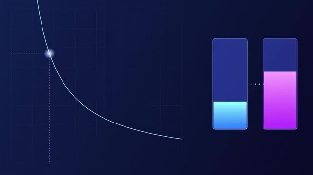 Graph displays decreasing curve, paired with two vertical bars. Bars show color gradients, blue transitioning to purple. Data visualization concept.