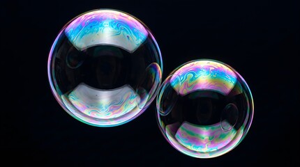 Fototapeta premium Two colorful soap bubbles with iridescent surfaces floating against a dark background, capturing light reflections and vivid rainbow colors