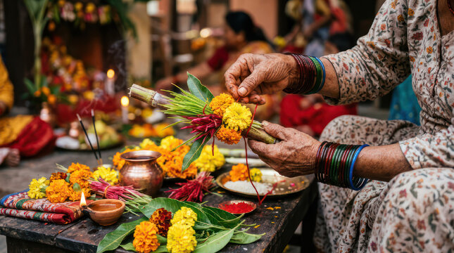Woman making a flower garland for religious ceremony.