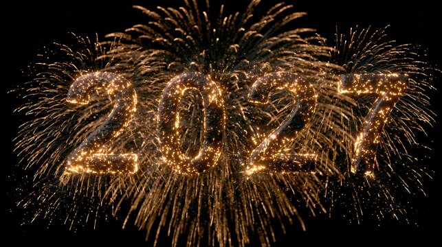 Golden fireworks burst in the night sky, forming the numbers 2027 in a dynamic explosion of light and energy.