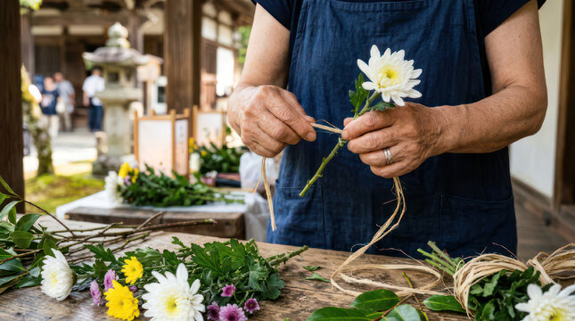 Womans hands arranging flowers for a bouquet.