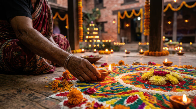Womans hands arranging oil lamps on a colorful rangoli during Diwali festival celebration.