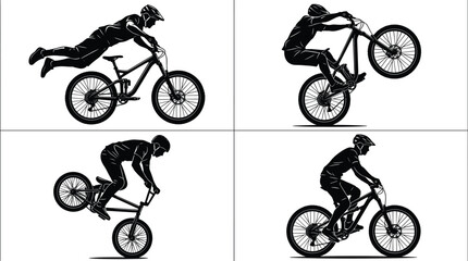 Fototapeta premium Set of BMX Bike Rider Silhouettes Vector Illustration Showing Extreme Stunts, Jumps and Tricks, Cyclist Riding Bicycle in Different Poses