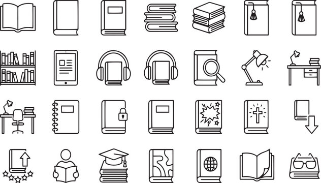 Professional library and bookstore vector icons for academic research and study materials.