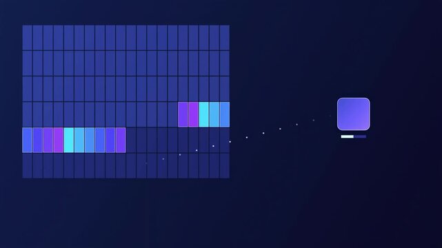 Grid displays data visualization. Bright colors highlight specific sections. Right side shows single square, possibly focus point.