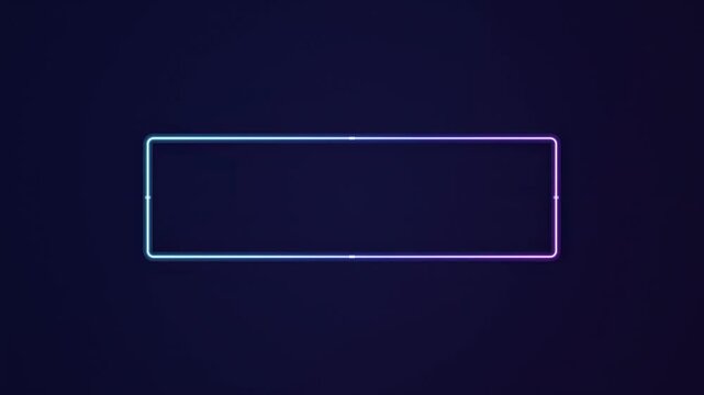 Neon rectangle glows against dark background. Blue, purple hues create vibrant visual effect. Simple geometric shape dominates composition.