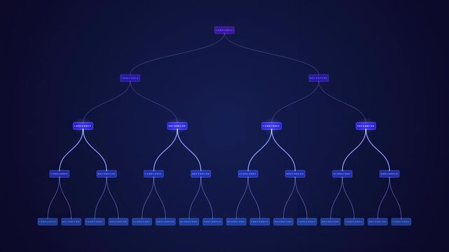 Diagram depicts hierarchical structure. Nodes connected via lines represent branching relationships. Blue glow highlights network design.