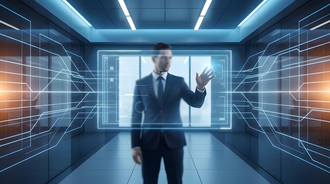 Businessman using futuristic digital interface in blue hallway.