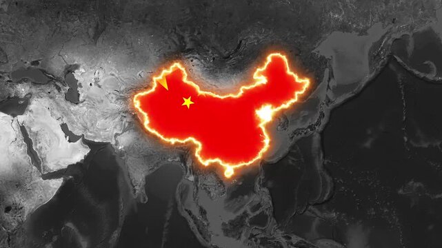 Glowing China Map Highlighted with National Flag on World Map Motion Graphic Animation