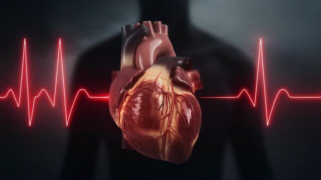 Detailed human heart beating with glowing red electrocardiogram line medical animation