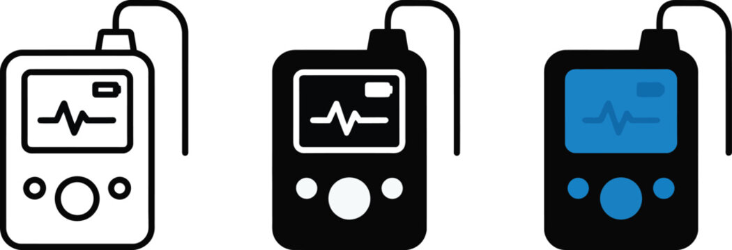 Set of holter monitor icons, portable medical device for heart rate monitoring