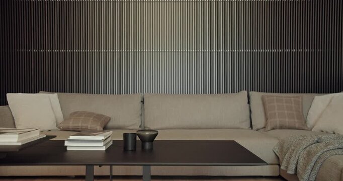 Contemporary living room setup featuring a neutral-toned sofa, striped wall design, and elegant table decor. Cozy yet modern aesthetic for homes. Modern Living Room Interior Comfortable Sofa and Decor