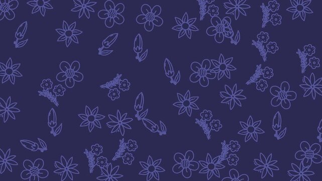 Flowers and stylized buds form a repeating pattern against a deep navy blue background for elegant designs.
