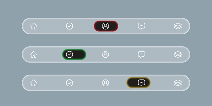 Glassmorphic UI navigation menu bar kit featuring glowing active state icons
