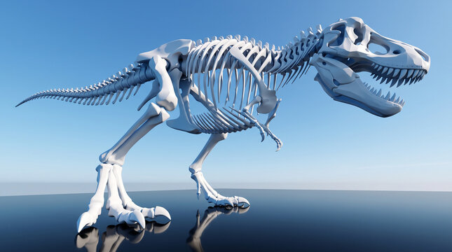 White tyrannosaurus rex skeleton on reflective surface against blue sky 3d render