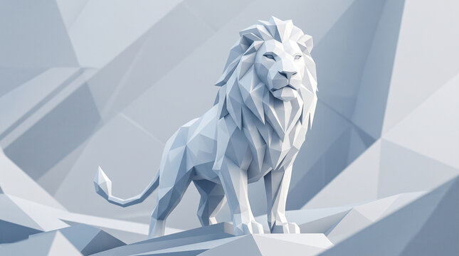 White low poly lion sculpture on geometric abstract background 3d render