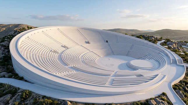 Modern white circular amphitheater in rocky landscape at sunset 3d render