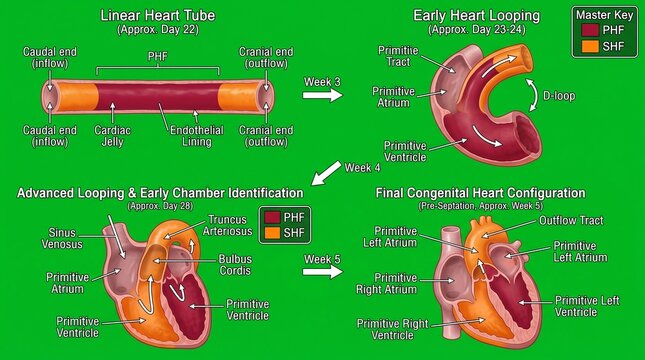 Embryonic heart development diagram. Medical illustration of human cardiac formation.