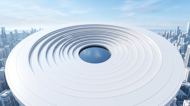 Futuristic white circular building with concentric rings and central pool aerial view