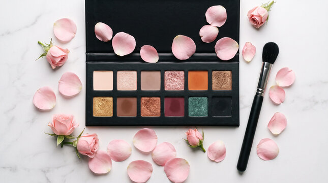 Makeup eyeshadow palette with rose petals and brush on marble background flat lay