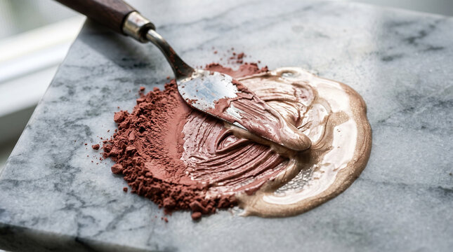 Foundation and powder cosmetics mixed with spatula on marble surface