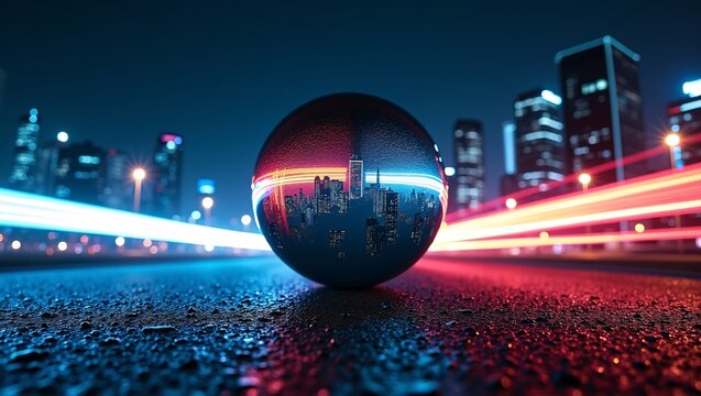 Glass orb on damp asphalt, inverted neon cityscape reflection, red-cyan light trails, nighttime skyscraper skyline