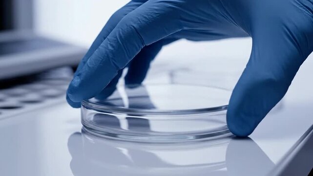 Laboratory Technician Holding Petri Dish Over Empty Dish in Clean Science Environment for Clinical Research and Biotechnology