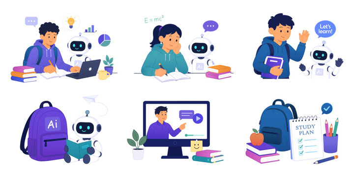 Vector Back to School AI Education. Cute Sticker Set with Students, Robot Tutor, Online Learning and Back to School Vector Collection Png.