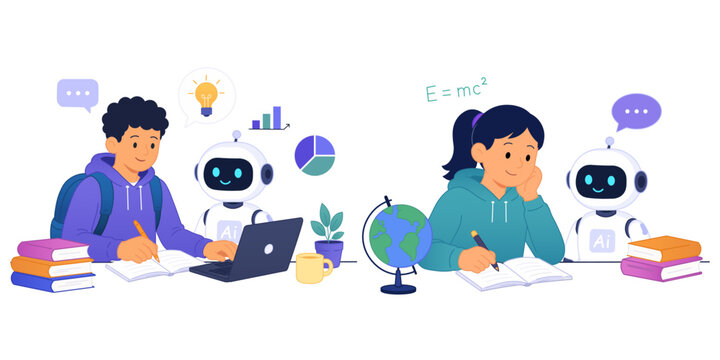 Vector Back to School AI Education. Cute Sticker Set with Students, Robot Tutor, Online Learning and Back to School Vector Collection Png.
