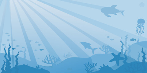 Underwater scene illustration with marine life and sunlight rays © pallab