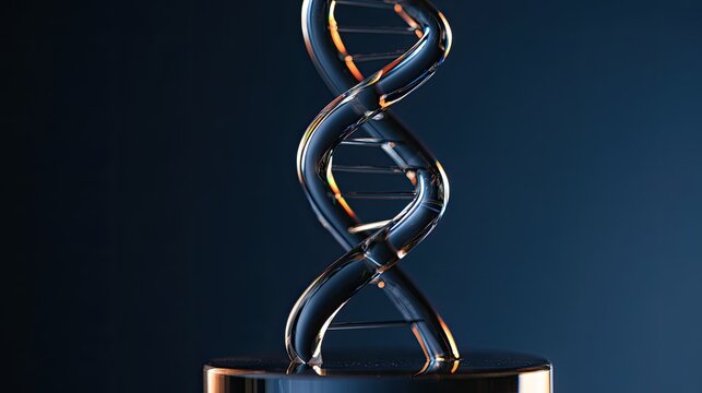 Translucent glass helix structure, illuminated by warm light, on a reflective surface