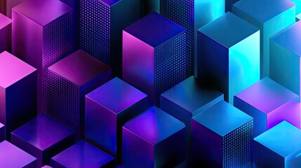 Obraz premium Abstract geometric cityscape with neon purple and blue shimmering metallic blocks