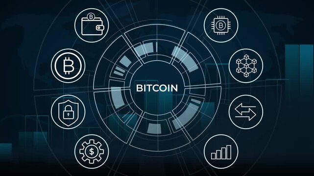 Bitcoin Cryptocurrency Concept Motion Graphic with Interactive Cyber HUD Display and Icons Loop