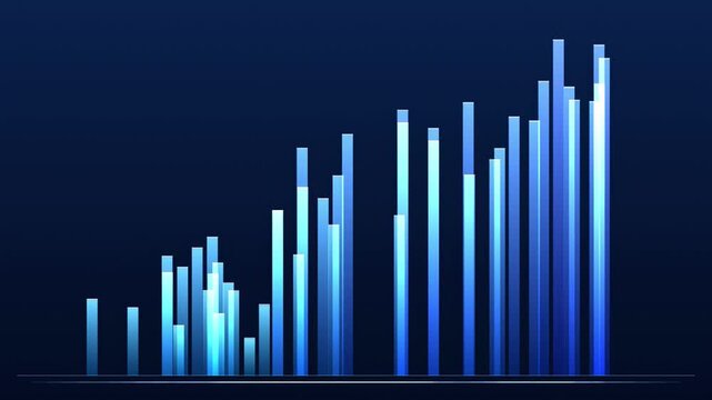 Visual representation shows increasing values. Bars vary height, creating upward trend. Blue shades dominate dark background.