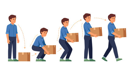 Obraz premium Corporate Employee Carrying Large Brown Boxes Through Sequential Workflow Steps in Blue Shirt and Dark Pants