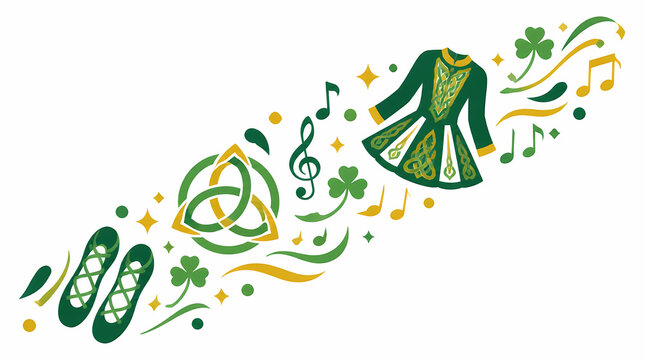 Irish cultural attire flowing with music notes and shamrocks in festive green and gold vector illustration for St. Patrick's Day celebration