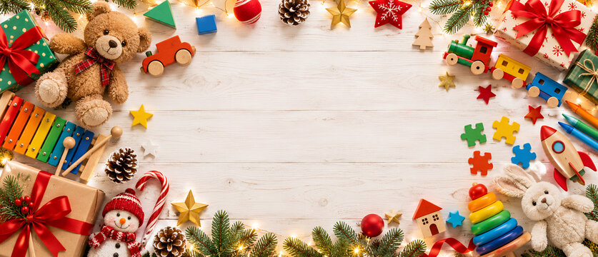クリスマスプレゼントとおもちゃを囲んだ木目背景 横長バナー素材
