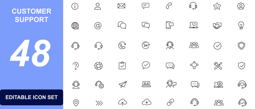 Customer support icon set with help desk, live chat, contact center, call service, client care, feedback, response, agent tools and vector illustration