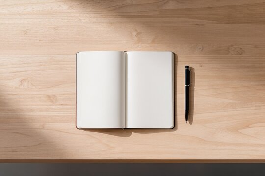 Carnet ouvert vierge et stylo noir sur bureau en bois, vue de dessus minimaliste avec espace de copie pour prise de notes, &eacute;criture, travail et organisation