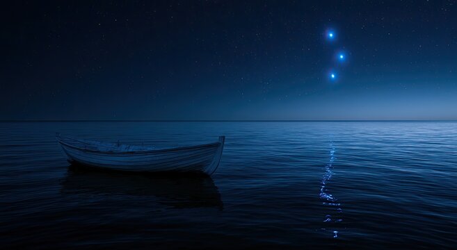 Lone rowboat drifts on a tranquil sea under a starry, moonlit sky